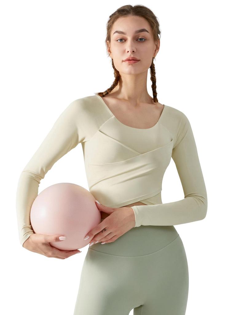 Autumn/Winter Slimming Yoga Top with Built-in Bra and Cross-Pleated Design - Long Sleeve Fitness Wear for Women