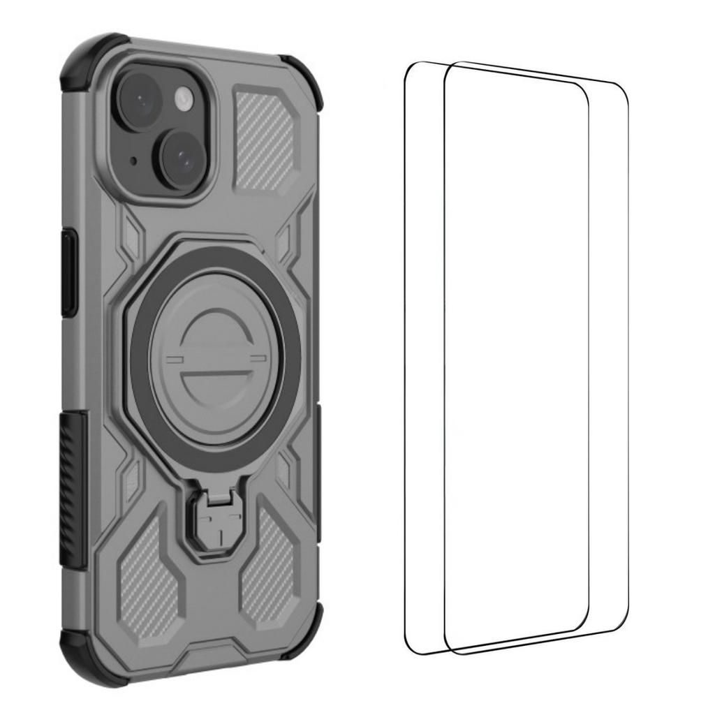 For iPhone 15 Case Kickstand with 2Pcs Screen Film WANLONFENG KJ Series PC TPU Phone Cover (Big Lens Hole)