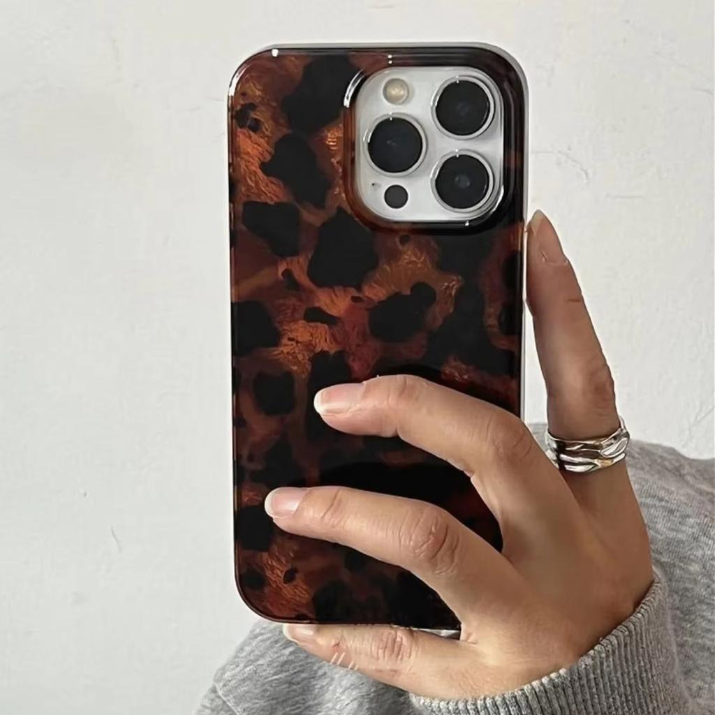 Custodia Laser Retrò con Texture Ambra per iPhone 17 16 Pro Max 15 14 13 12 11 XS XR 7 8 Plus 16E Elegante Stampa Leopardo Copertura Morbida