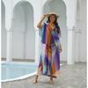 Womens Loose Beach Cover Up With Colorful Block Print UV Protection Swimwear Robe One Size