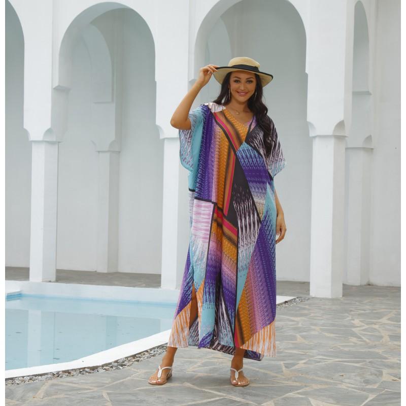 Womens Loose Beach Cover Up With Colorful Block Print UV Protection Swimwear Robe One Size