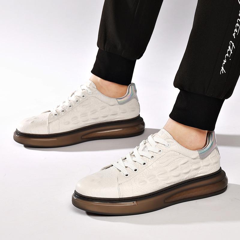European Men's White Lace-up Shoes: Embossed Cowhide Crocodile Pattern, Comfortable, Versatile Thick Sole, Trendy Casual Design.