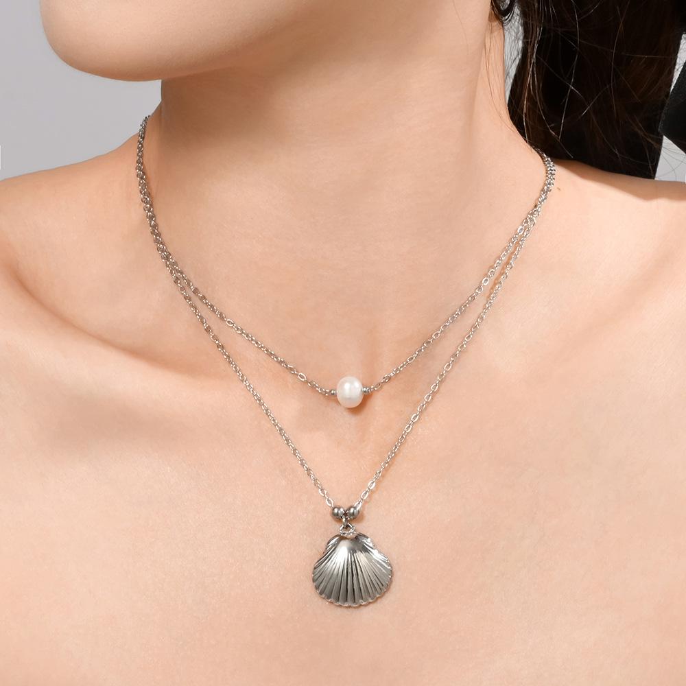 Anti-Oxidation Stainless Steel Conch Pearl Necklace, Double-Layered Design