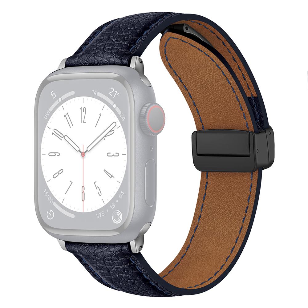 

For Apple Watch 10 46mm/Ultra 2/Ultra 49mm/9 8 7 45mm/SE (2023) SE (2022) SE 6 5 4 44mm/3 2 1 42mm Litchi Texture Leather Strap Dark Blue