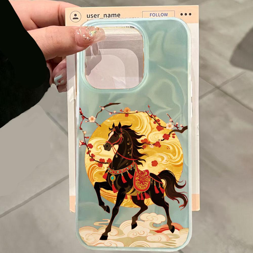 Lucky Gold Horse Water Texture Phone Case for iphone 17 Air 16 15 14 13 11 12 Pro Max 7 8 Plus X XS XR SE 2022 2020 16e Cover