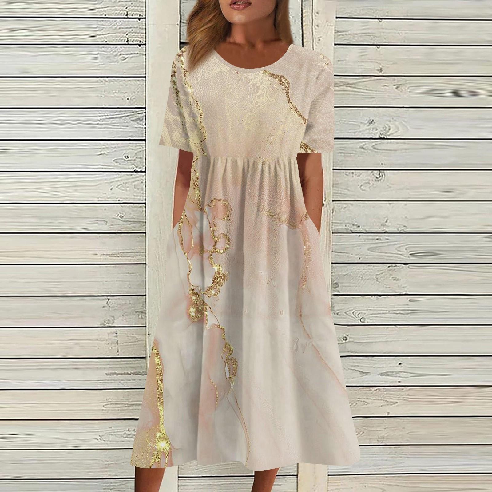 Жен. Повседневные платья Платья с принтами Летние платья С принтами Плиссированные платья-миди с круглым вырезом Классический Классический На открытом воздухе Повседневные С короткими рукавами Свободные платья L бежевый