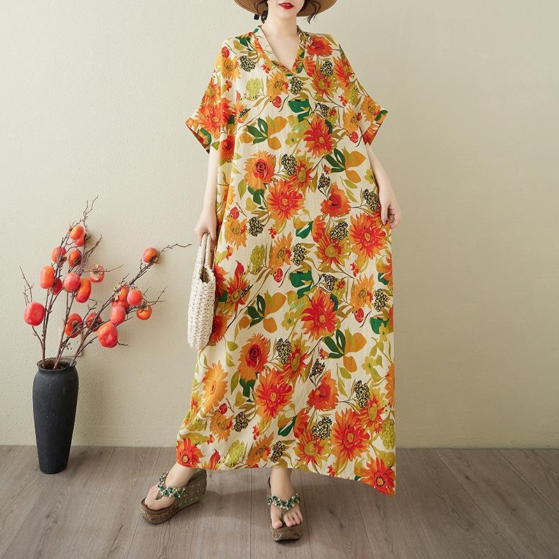 Real summer new color vacation style travel V-neck retro long dress covering meat cotton and linen dress women's clothing
