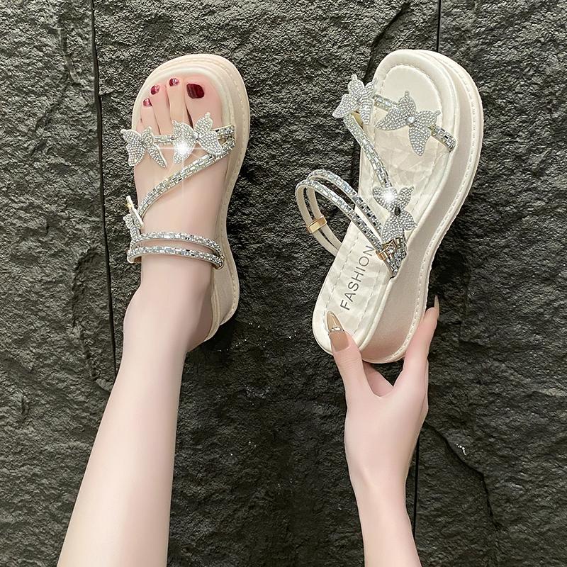 Fashion Ladies Shoes on Sale 2025 Summer Women’s Thick Sole Crystal Butterfly Sandals Round Toe Fashion Beach Outdoor & Classics Shoes