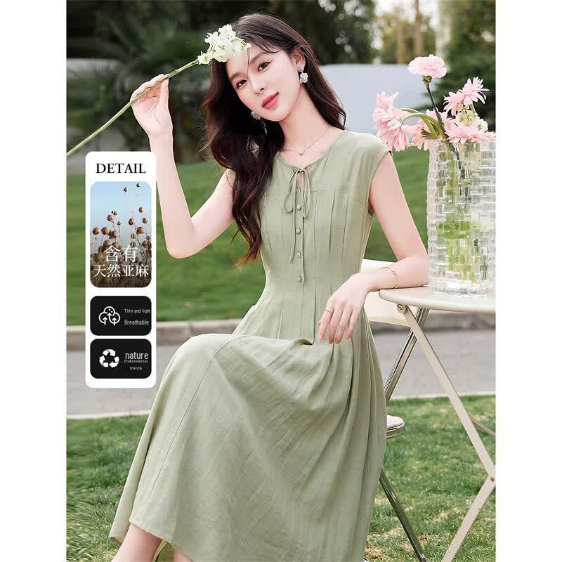 French Elegant Slim Fit Linen A-Line Midi Dress L
