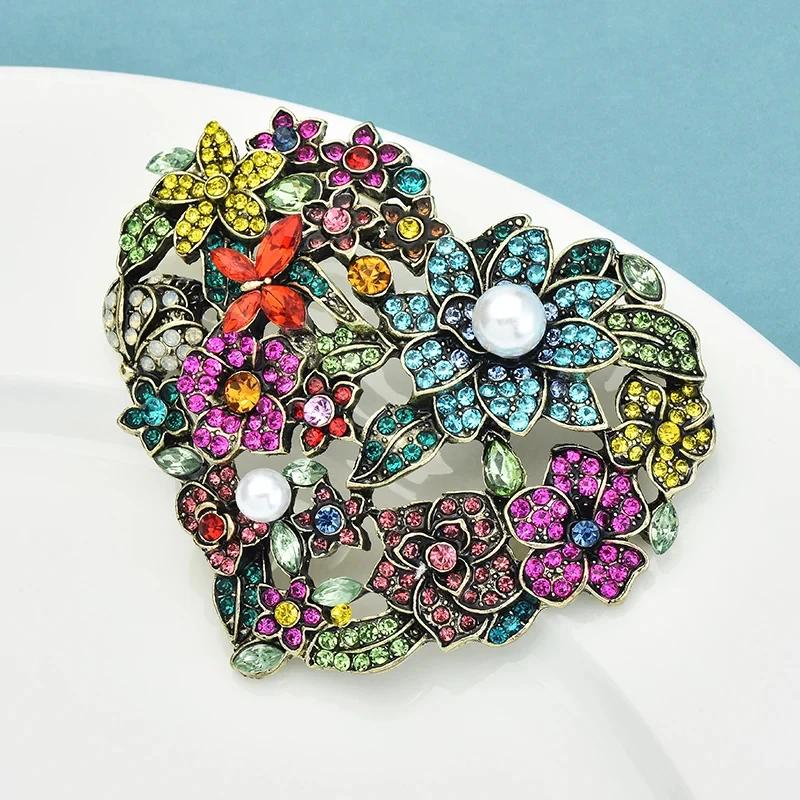 SKEDS Women Men Exquisite Heavy Industry Crystal Flower Heart Brooches Badges Unisex Luxury Floral Rhinestone Pins Corsages