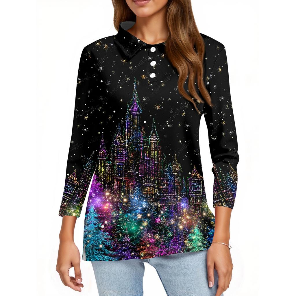 Mote dame casual revers kort 3/4 ermet juleprint skjorte dame knapp opp topper