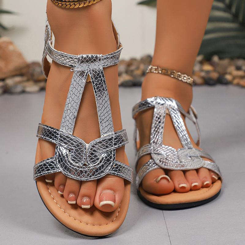 Fashion Women's Silver Snake Pattern Flat Sandals Ankle Strap Comfort Non Slip Beach Shoes Woman Summer Plus Size Light Casual Shoes
