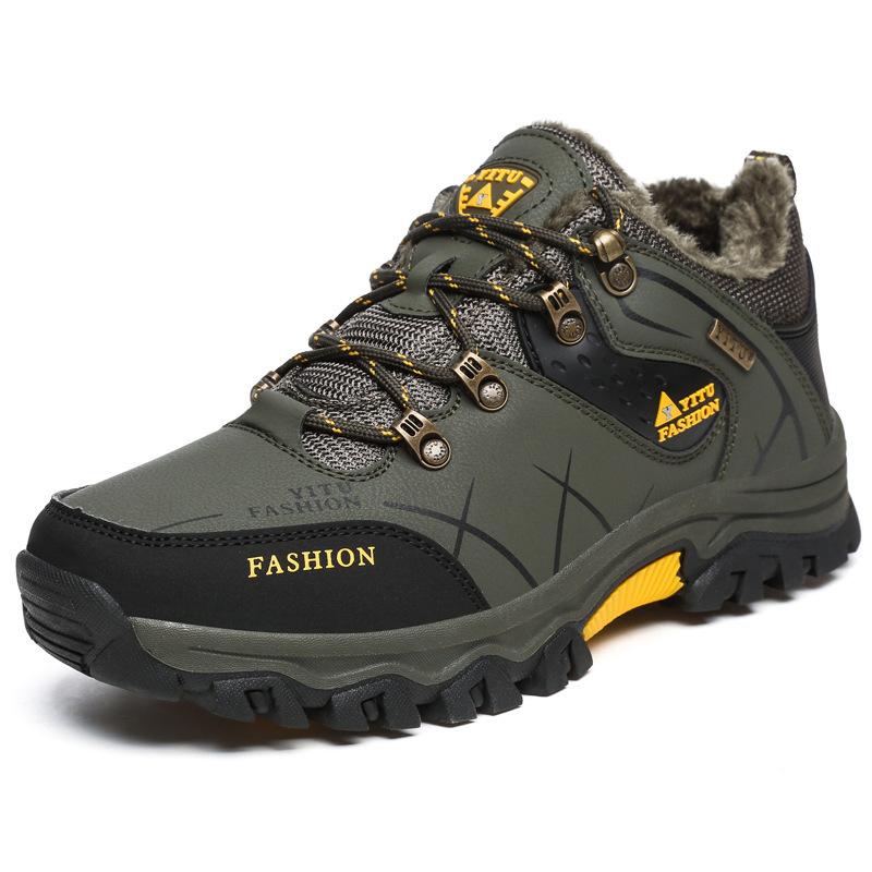 Men's Shoes Hiking Shoes Cotton Shoes Low-top Leather Surface Plus Velvet Thickened Warm Large-size Outdoor Hiking Shoes
