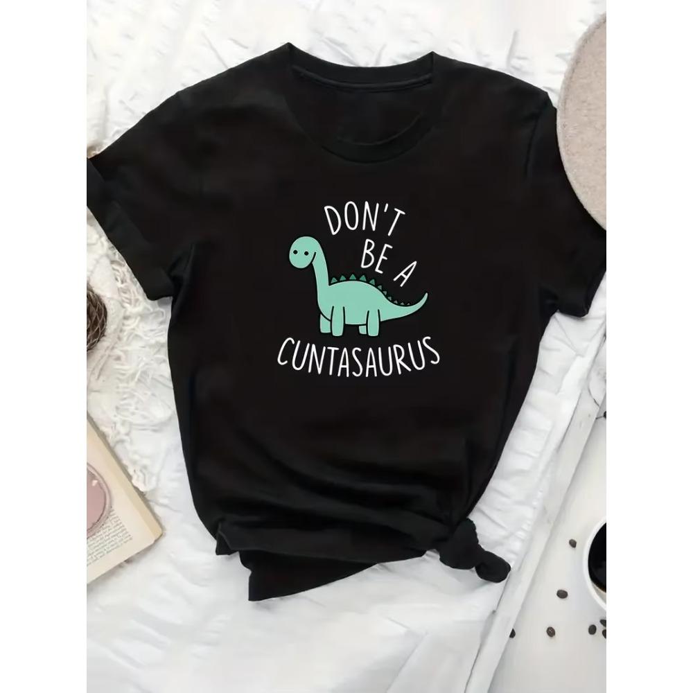 Plus Size Casual T-shirt Women's Plus Cute Dinosaur & Slogan Print Short Sleeve Round Neck Slight Stretch Tee