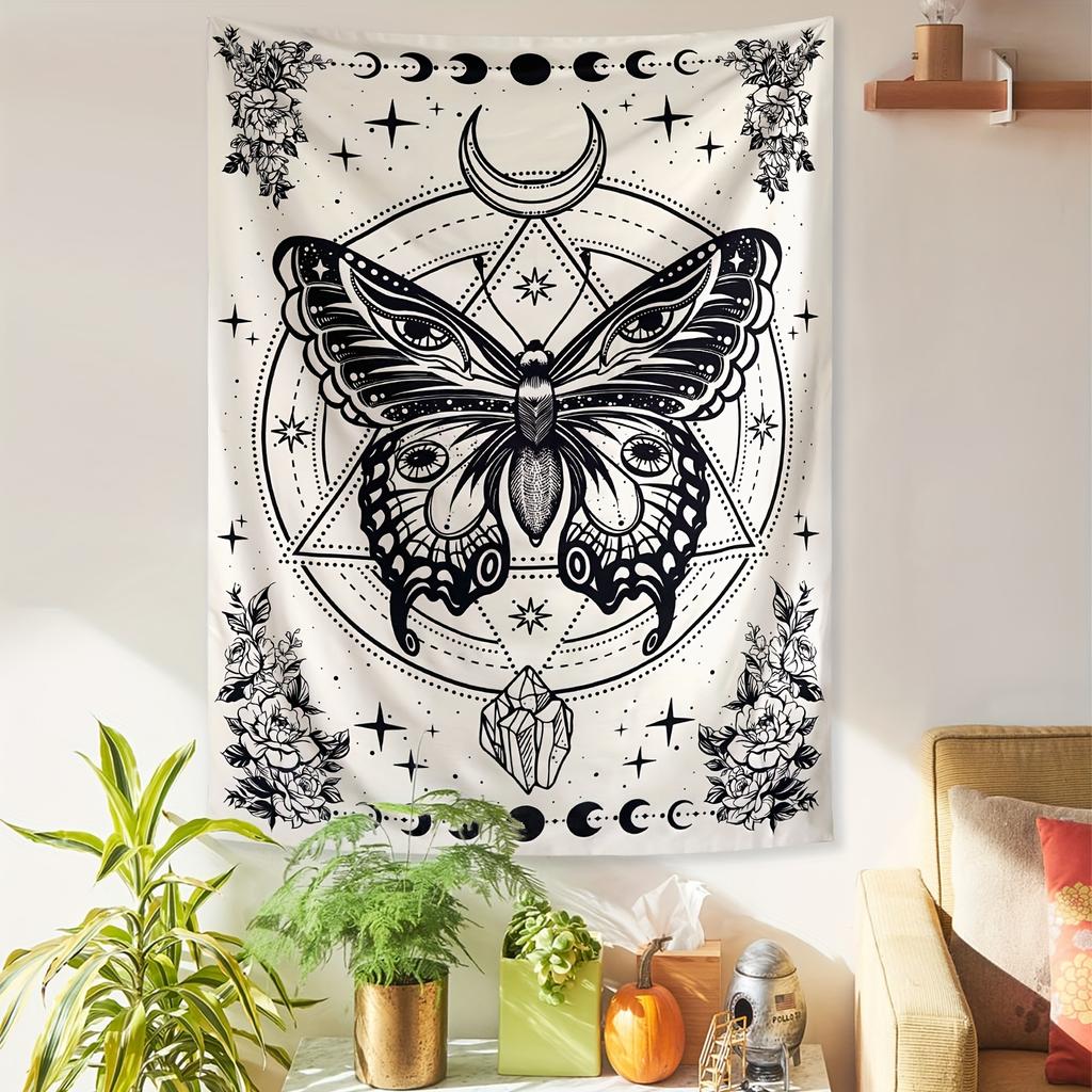 VIKAMA Bohemian Butterfly Tapestry Moth Floral Moon Aesthetic Vertical Vintage Decorative Piece Bedroom Living Room Feature Wall
