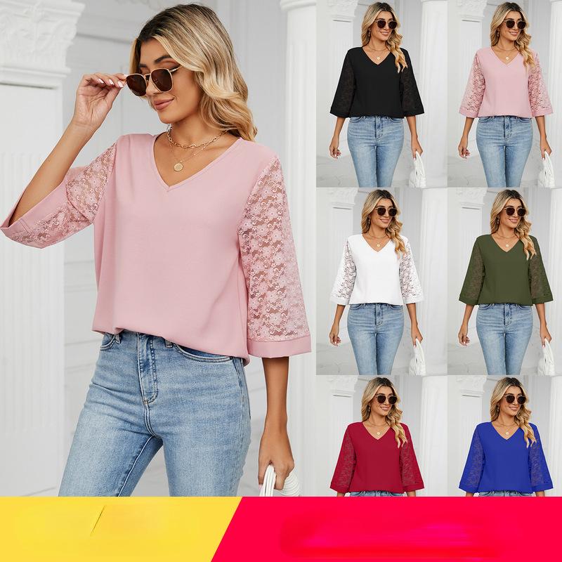 

2023 весна/лето женская повседневная свободная шифоновая рубашка с v-образным вырезом и семиточечным кружевом с рукавами-трубами в стиле пэчворк S белый