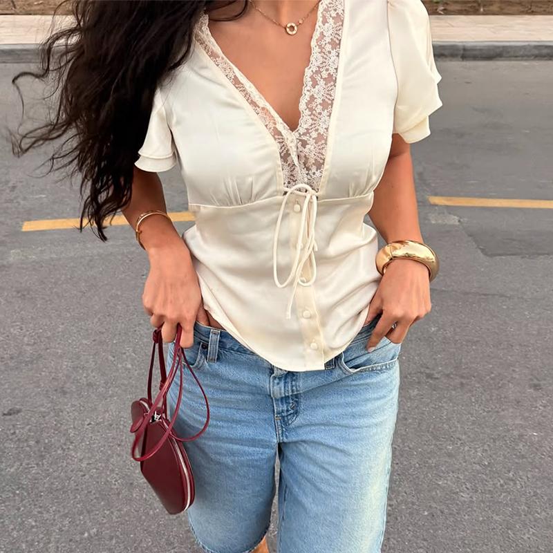 Top Maglietta a Maniche Corte Cropped da Donna 2026 Estate in Raso e Pizzo con Scollo a V e Laccetti Design Traforato Top a Maglia da Donna Bandage Tee