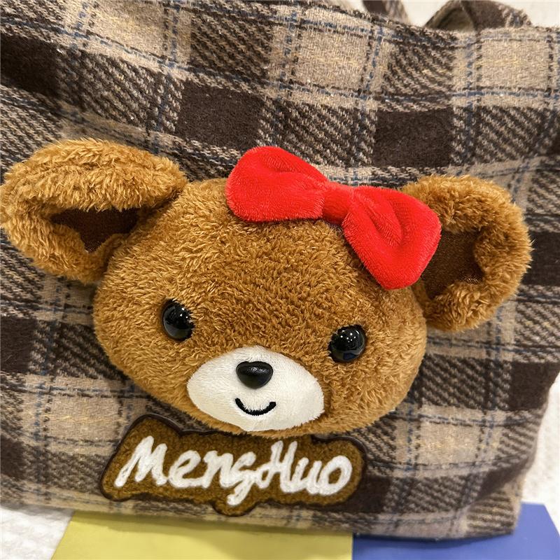 Bear Shoulder Bag Women's Bag Vintage Plaid Tote Bag