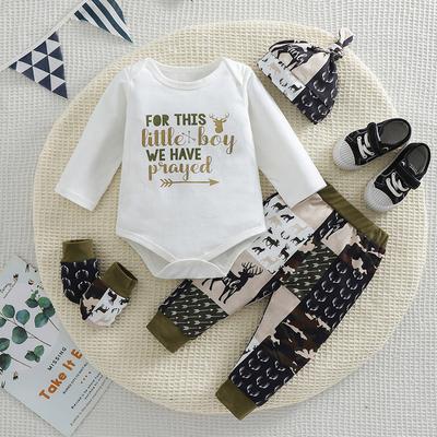 4pcs Baby Boy Letters Print Cotton Bodysuit & Hat & Baby Mittens & Pants Clothing Set