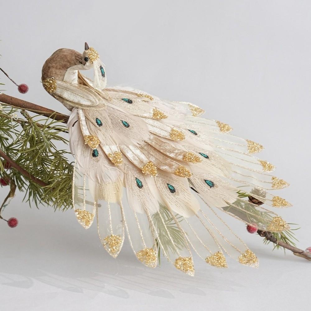 Fabric Feather Peacock Tree Decoration Glitter Accent Peacock Figurine Clip  Holiday Branch Decor