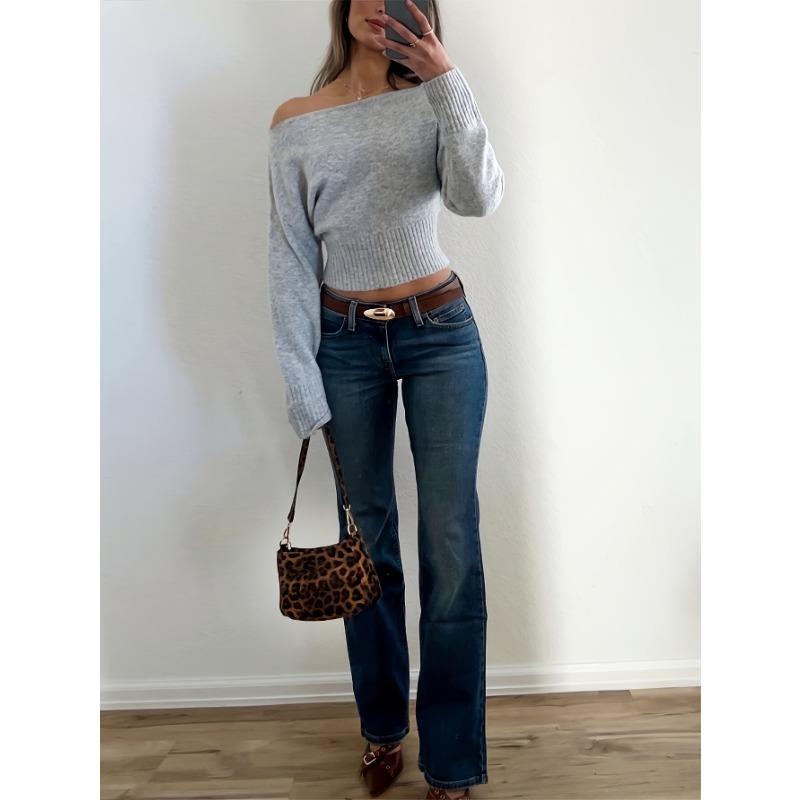 Women Loose Off Shoulder Long Sleeve Knit Cropped Sweater