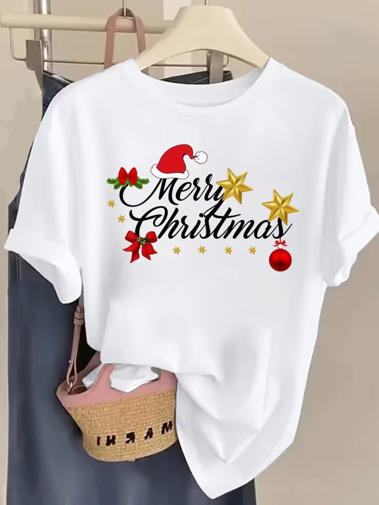 (Asian Size) style letter New Year T Shirt Christmas Clothing Women Fashion Festival Tee Top Print Woman Short Sleeve Graphic T-shirts