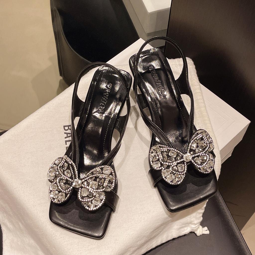 2025 été bout carré strass nœud stiletto chaussures pour femmes couleur unie bride arrière polyvalent décontracté dame sandales à talons hauts