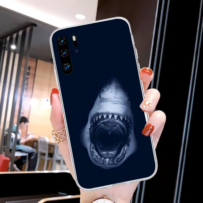 Cool Scary Shark Phone Case For Huawei P50 P40 P30 Pro Mate 40 30 Pro Nova 8 8i Y7P Honor Transparent Phone Cover