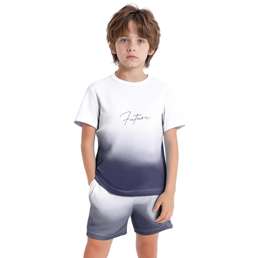 Boys Letter Print Gradient Sports Set Quick Drying Short Sleeve T-Shirt Drawstring Elastic Waist Shorts