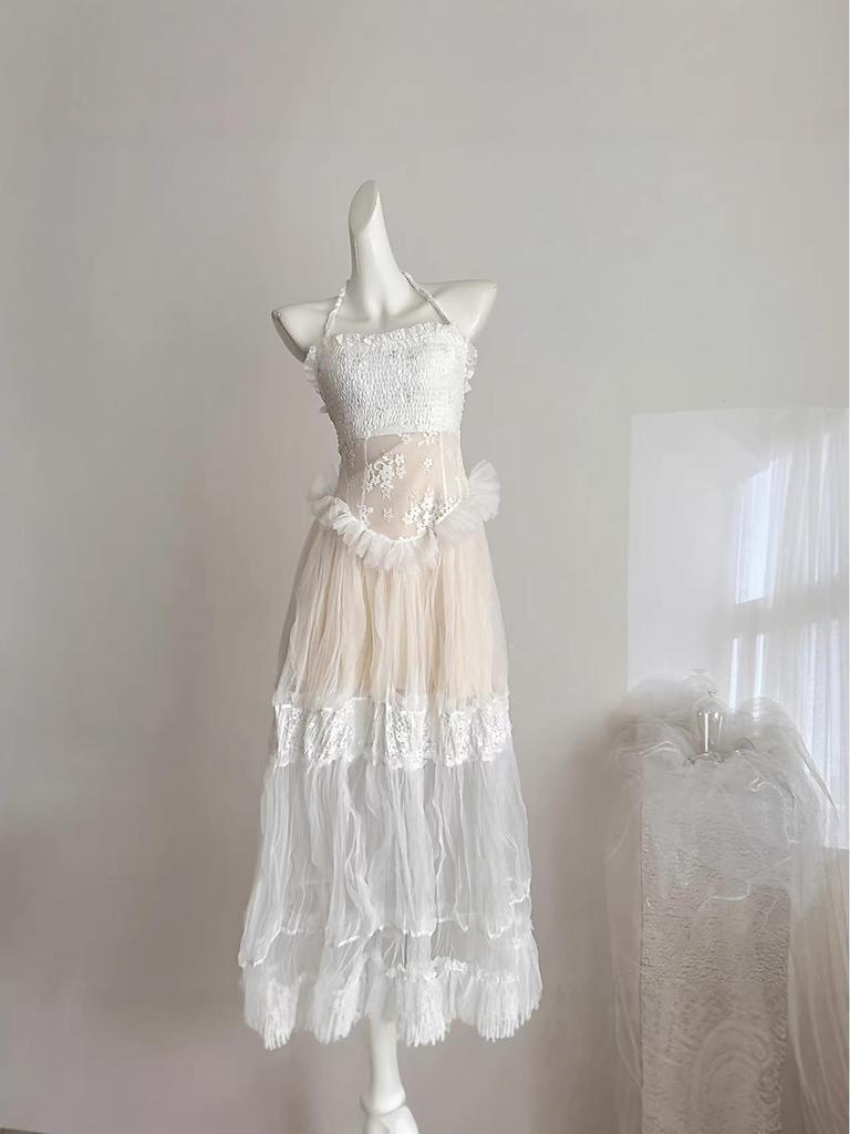 Ethereal Mesh Patchwork Halter Dress: Strapless Sleeveless Black Long Dress - Spring 2026 Collection