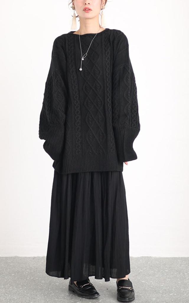 Gold Japan Plus Size Knit Volume Sleeve Cable Knit Pullover Women's Top, (4L, Black)