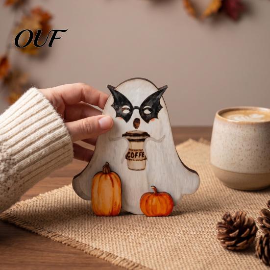 Small Ghost Statues for Shelves Halloween Table Ornament, 2D Wooden Figurine with Cute Tiered Tray Decor Pumpkin/Black Cat/Broom Home Office