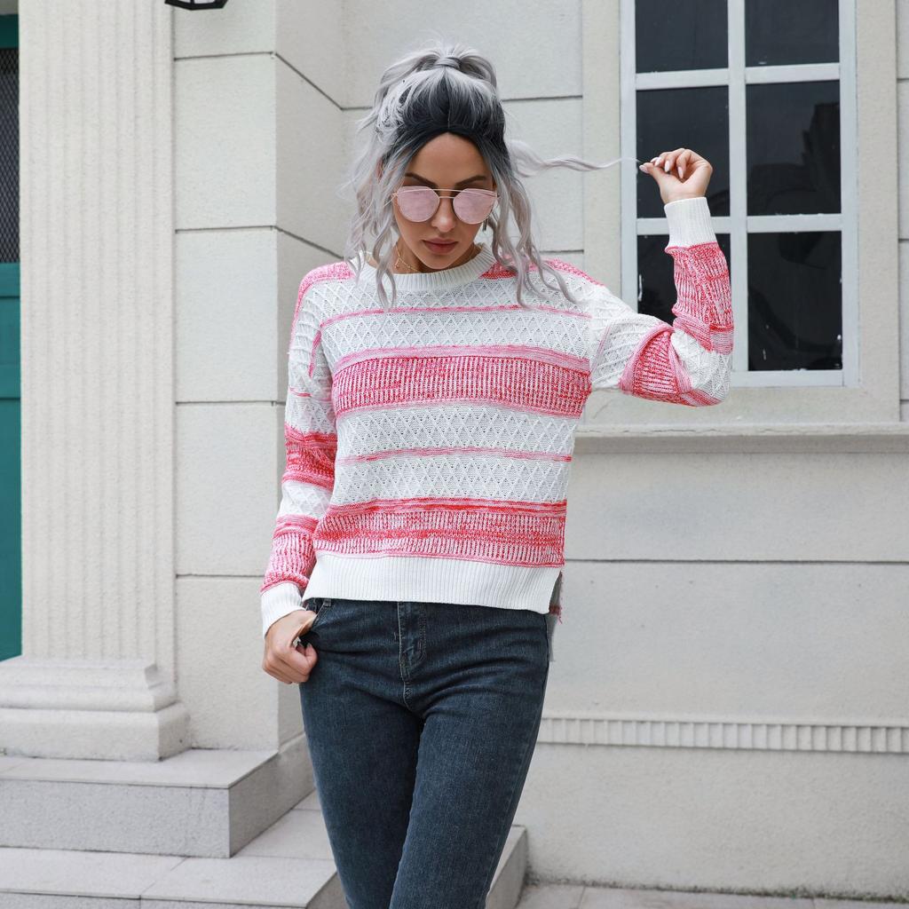 Winter Fall Women Fashion Striped Warm Sweater Loose Slit Knitted Top