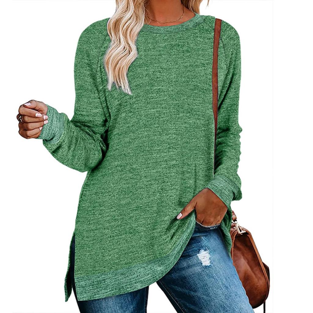 European American Women's Color Block Split Long Sleeve Crew Neck Loose Casual Pullover T-shirt Top