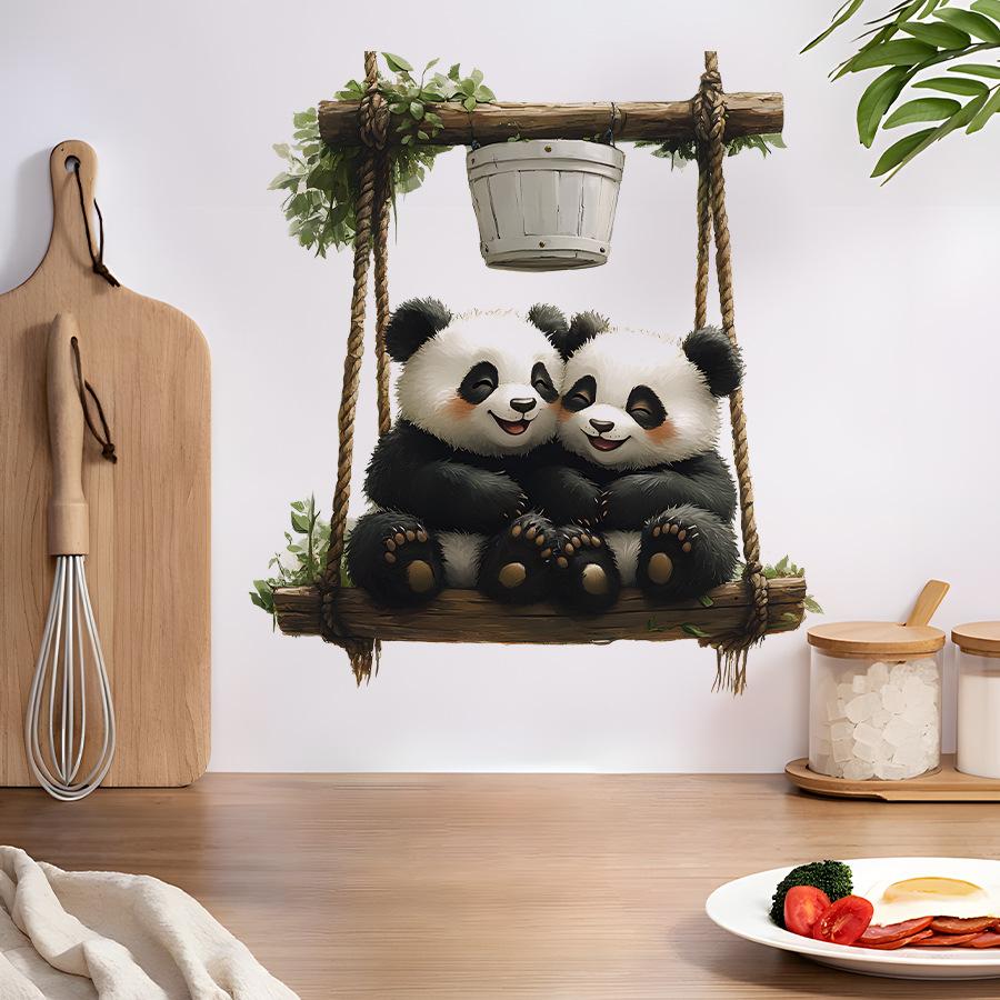 Cute Panda on a Swing Self-Adhesive Wall Stickers, Decor for Bedroom Kitchen Fridge Bathroom Toilet Decoration