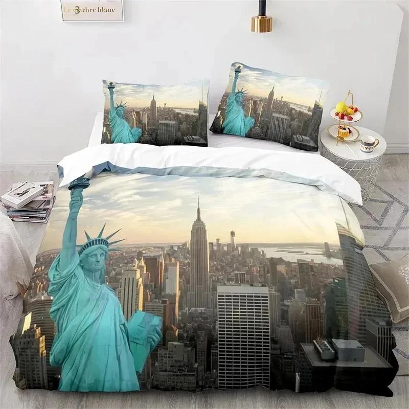 Statue of Liberty Duvet Cover King Size Microfiber World Famous Building Bedding Set New York Landmark Cityscape Comforter Cover