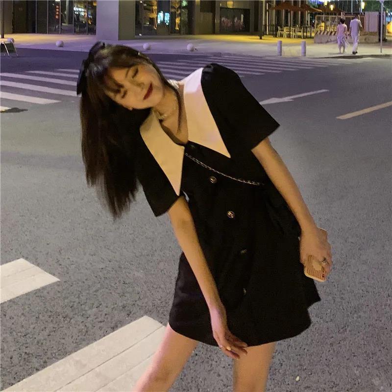 Plus Size Women's Black Doll Collar Waist-Cinched Hepburn Style Summer Dress