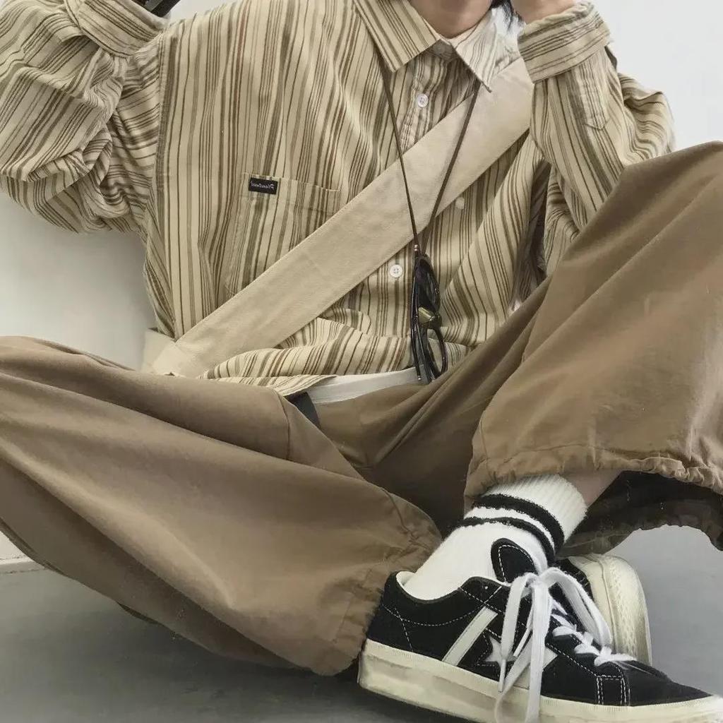 Herr Japansk Retro Randig Långärmad Skjorta - Vår/Höst, Lös Passform, Unisex Trendig Stil.