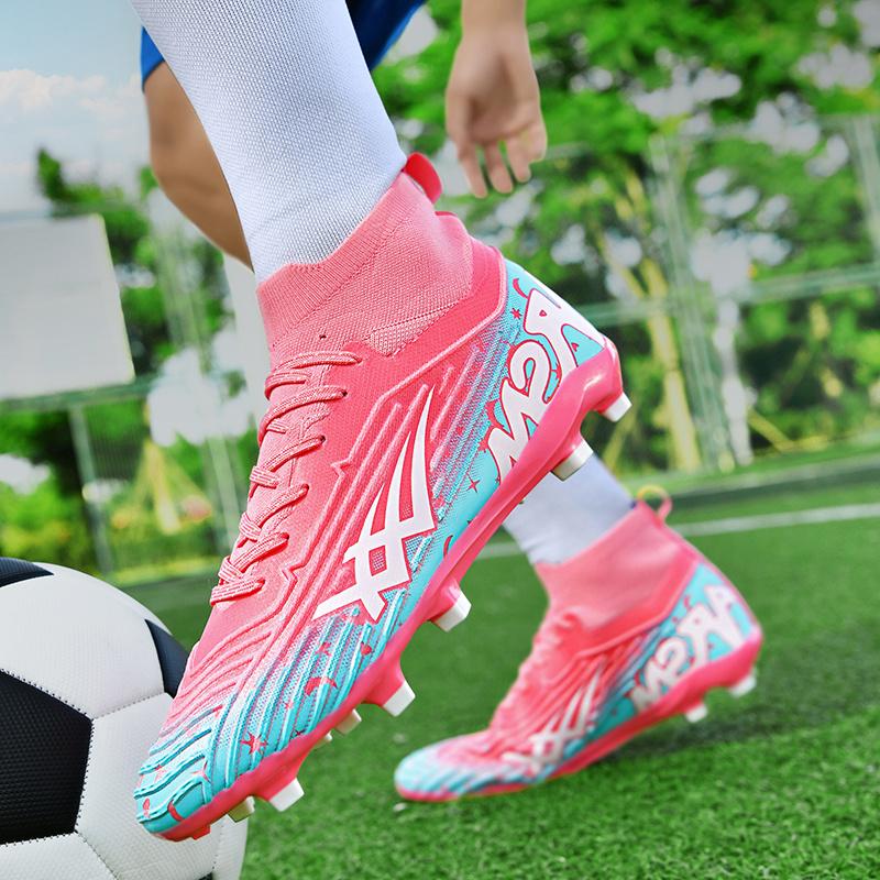 Pink Football Field Boots Men High Top FG Soccer Shoes Man Outdoor Profession Lightweight Men's Artificial Grass Soccer Cleats