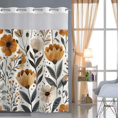 No Hook  Floral Pattern Shower Curtain With Snap-in Fabric Liner, Sheer Top Window, Waterproof Double Layer Bathtub Curtain