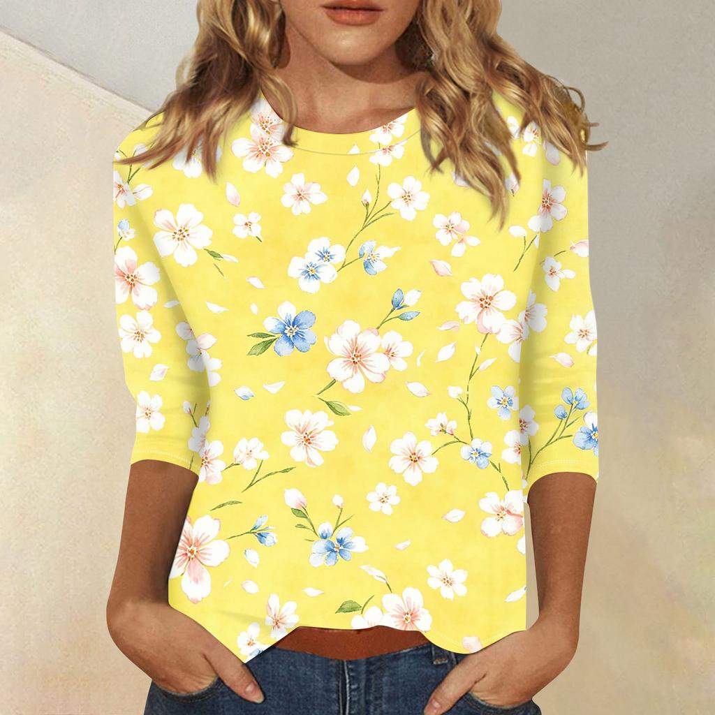 Damen Freizeit Oberteil mit Blumendruck, Dreiviertelärmel, Rundhalsausschnitt, Leicht, Bequeme Passform, Stilvolles Design, Geeignet für den Alltag