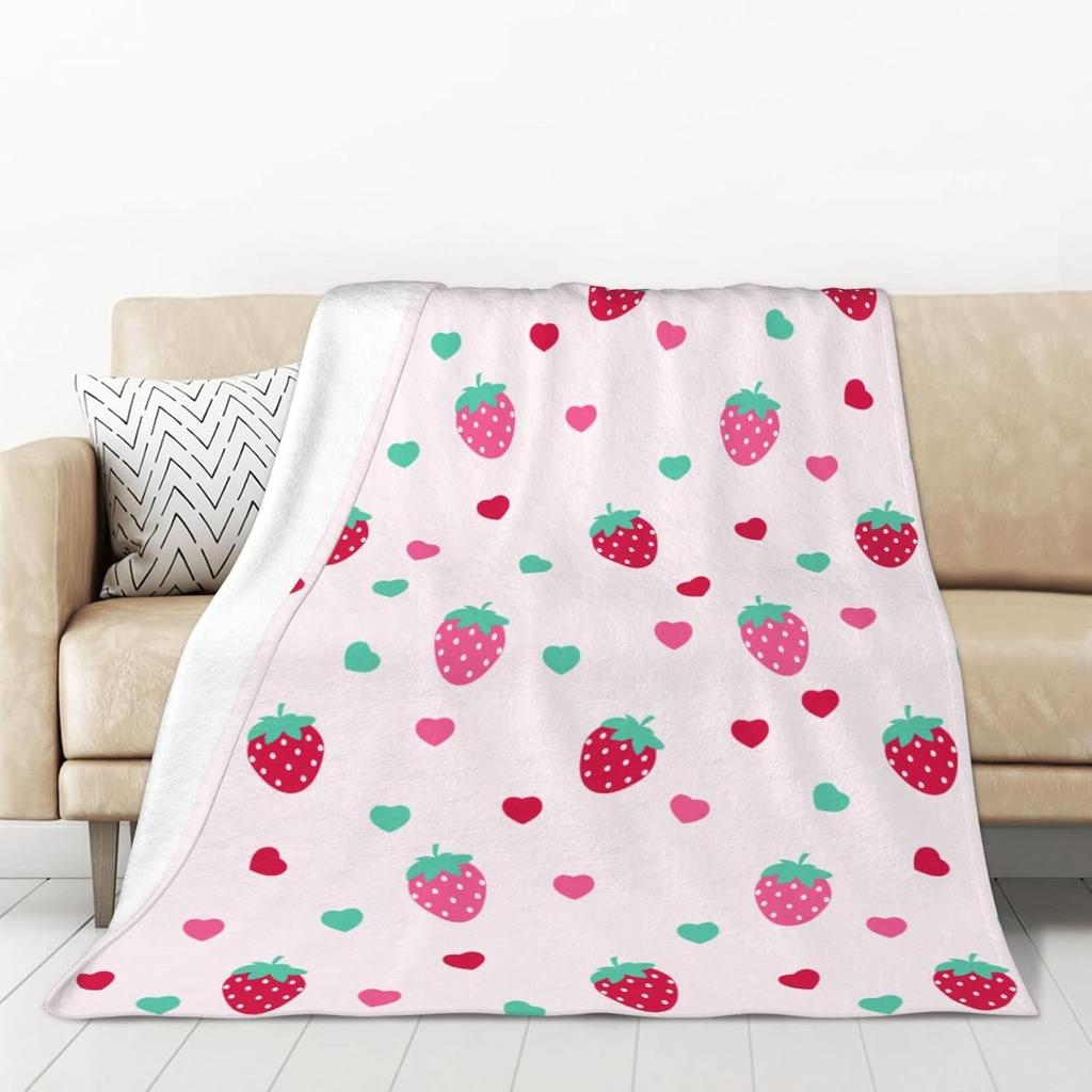 Cute Strawberry Blanket, Plush Soft Warm Flannel Sweet Fruit Throw Blanket for Couch, Travel, Bed, Outdoor, Gift for Teen Adult