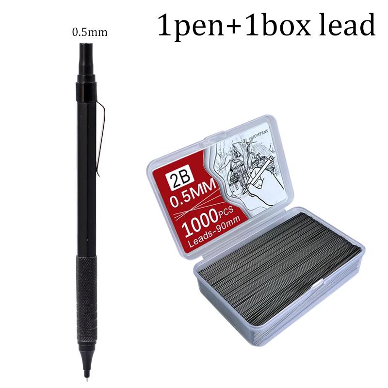0.5/0.7mm Black/Silver Mechanical Pencil with Leads and Eraser,Automatic Pencil Sketch Painting Office Writing Stationery Supply
