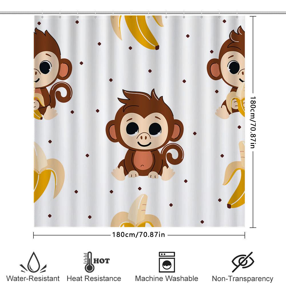 Adorable Monkey Pattern Shower Curtain White Background With Brown Monkeys And Yellow Bananas For Kids Bath Decorations.