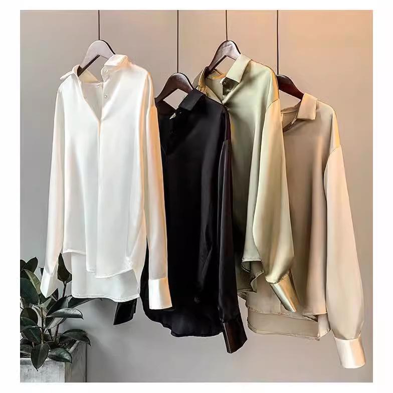 Long-sleeved Satin Shirt for Women 2025 Spring and Autumn Versatile Drape Top Retro Design Niche Hong Kong Style Shirt