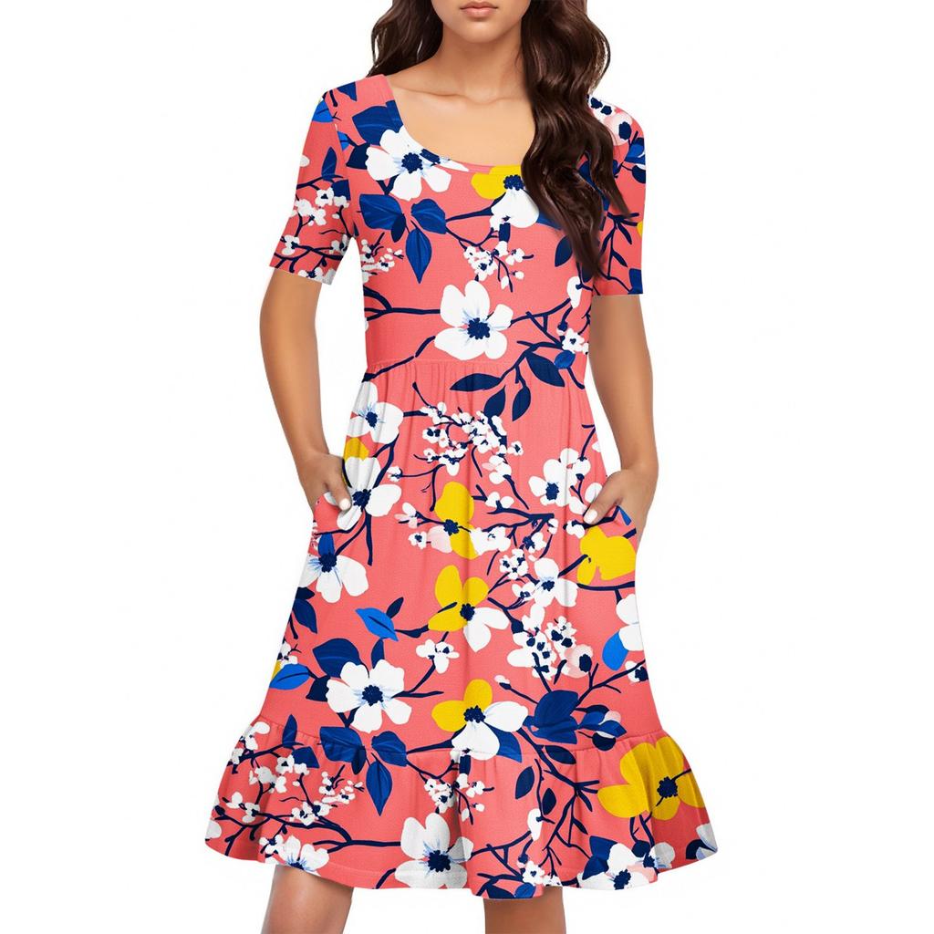Damen Casual Rundhals Kurzarmkleid Lockeres Taillenplisseekleid Taillenplisseekleid