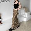 BITCED Summer Women's Solid-Color Slim-Fit Pencil Skirt Street Style High-Waisted Plaid Skirt
