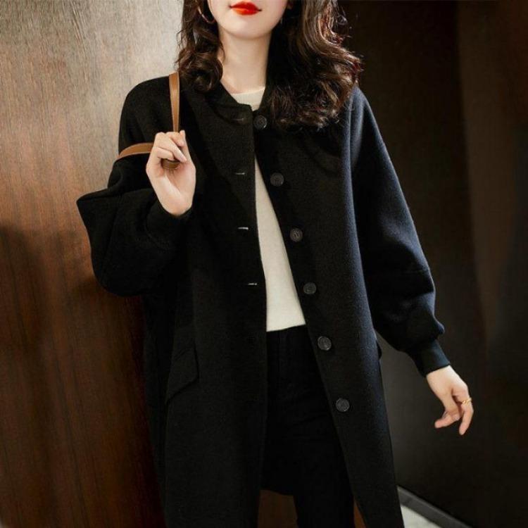 Autumn New Style Women Mid-Length Slim Black Wool Coat Casual and Versatile Outerwear