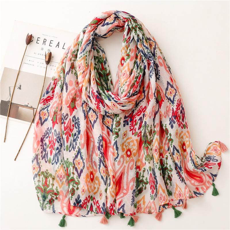 "Bali Yarn Cotton-Linen Scarf: Fresh Solid Color, Fruit Green & Bright Yellow Leaf Print with Tassel Detail"