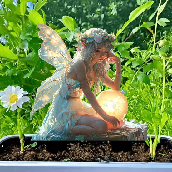Blumenfee Gartenstab, 2D Flacher Acryl Leuchtender Ball Hofkunststab, Wasserdichte Fee Outdoor Dekoration für Rasen Blumenbeet Pflanzgefäß Dekoration